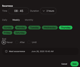 Recurring events interface